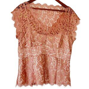 Ann Taylor Fairy Lace Top Sheer Pink Lace with Removable Cami V Neck   Size 14